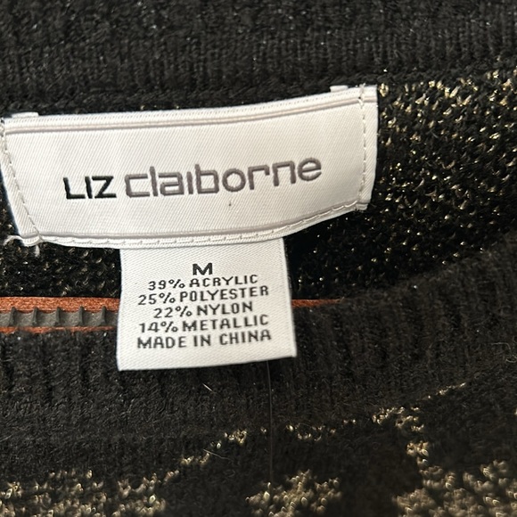 LIZ CLAIBORNE Sweater Womens Medium- Snowflake Pullover Black Metallic Gold NEW - Picture 3 of 4